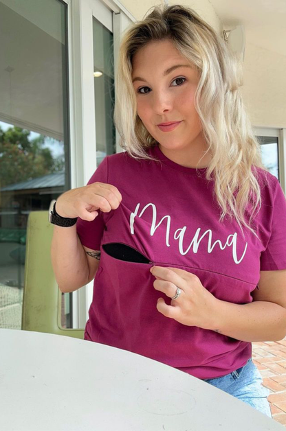 Cursive "Mama" Nursing T-Shirt - Berry